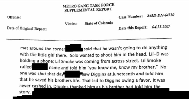 Supplemental Metro Gang Task Force report on statement by informant on Elias Diggins and his brother